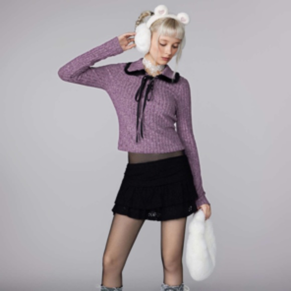 Cider Terry Collar Solid Bowknot Sweatshirt NWT - Picture 2 of 9